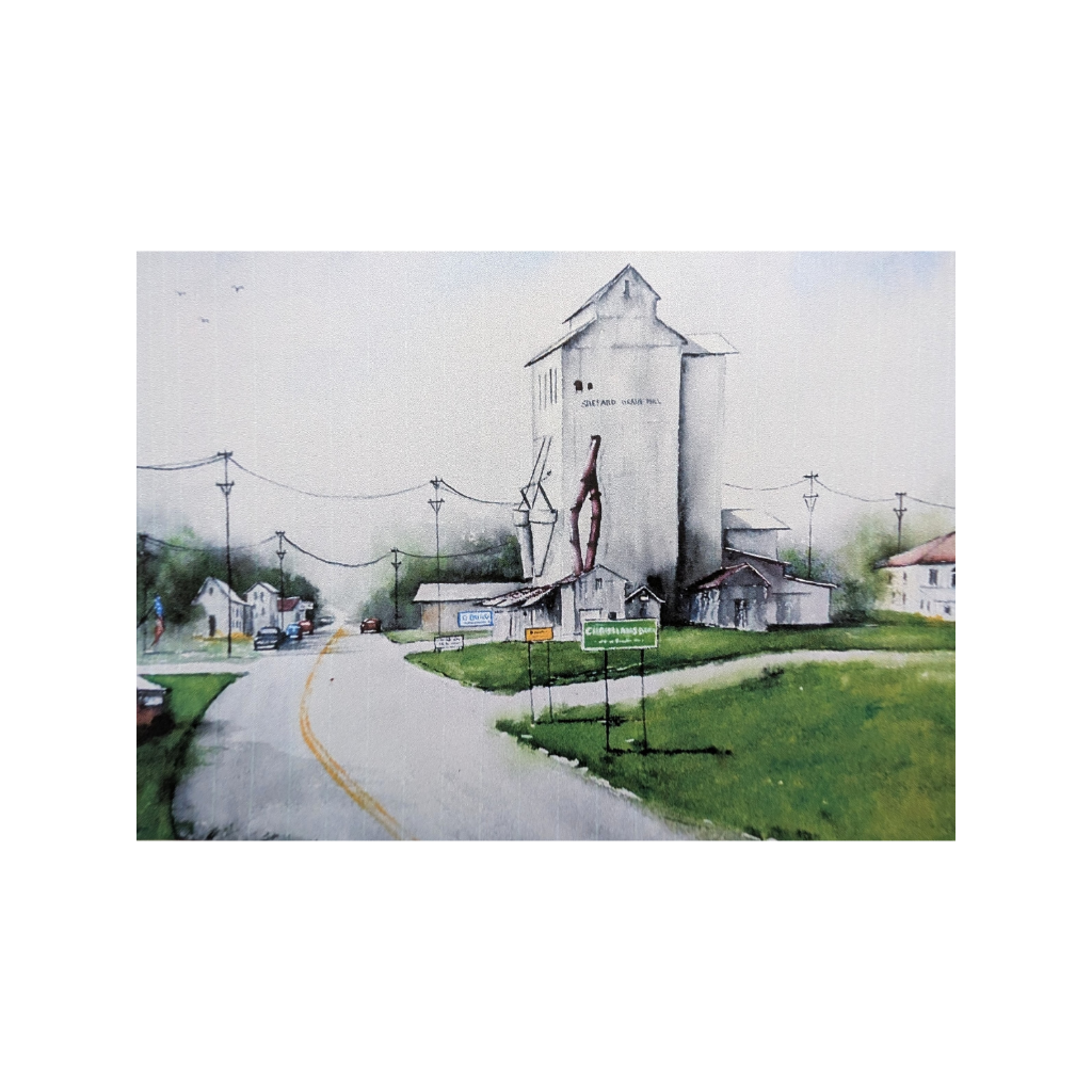 Greeting card with watercolor of the Shepard Grain Mill and Feed Store in Christiansburg, Ohio.