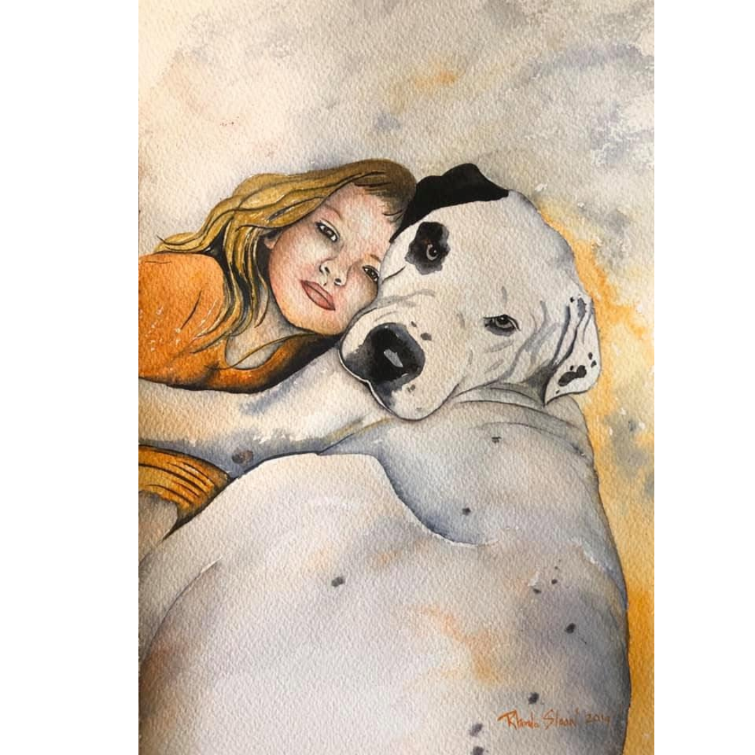 watercolor painting by Rhonda Sloan Smith of a woman embracing a large dog with a soft, warm color palette.