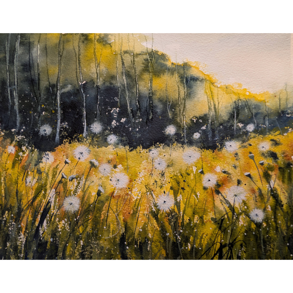 8x10" original watercolor painting of dandelions in a yellow field. 
