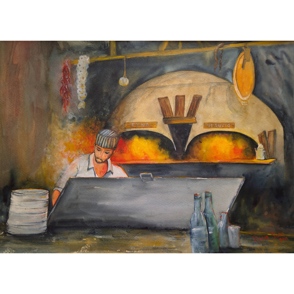 Watercolor of a chef at a double pizza oven in Hell’s Kitchen; early NYC‑inspired work.