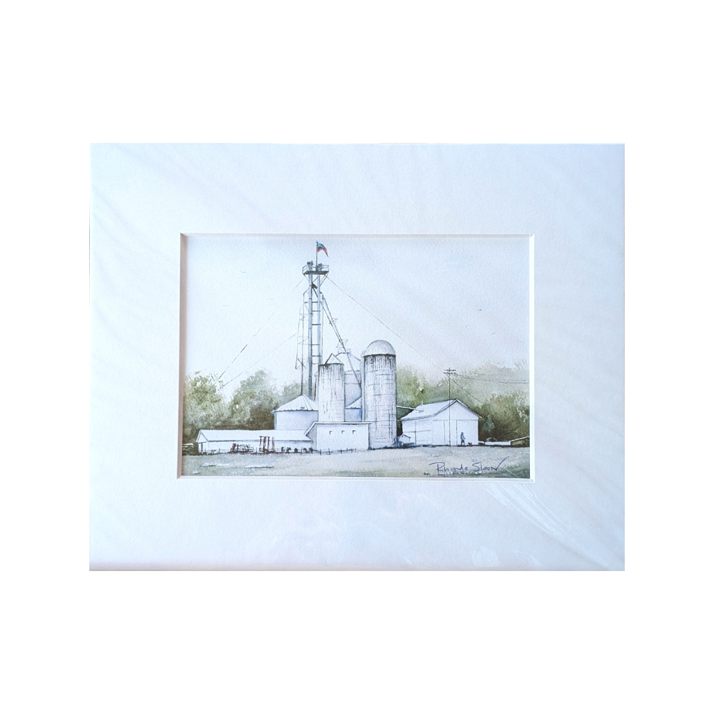 Watercolor painting of an old farm on Old 70 near Springfield, Ohio, featuring silos, barns, an American flag, a farmer walking with his dog, and vintage tractors.