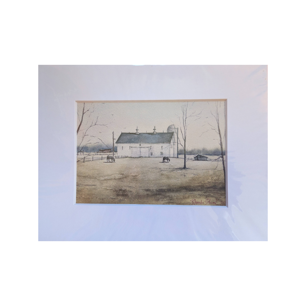 Carn with horses watercolor painting on ST RT 42 South Charleston Ohio featuring two horses.