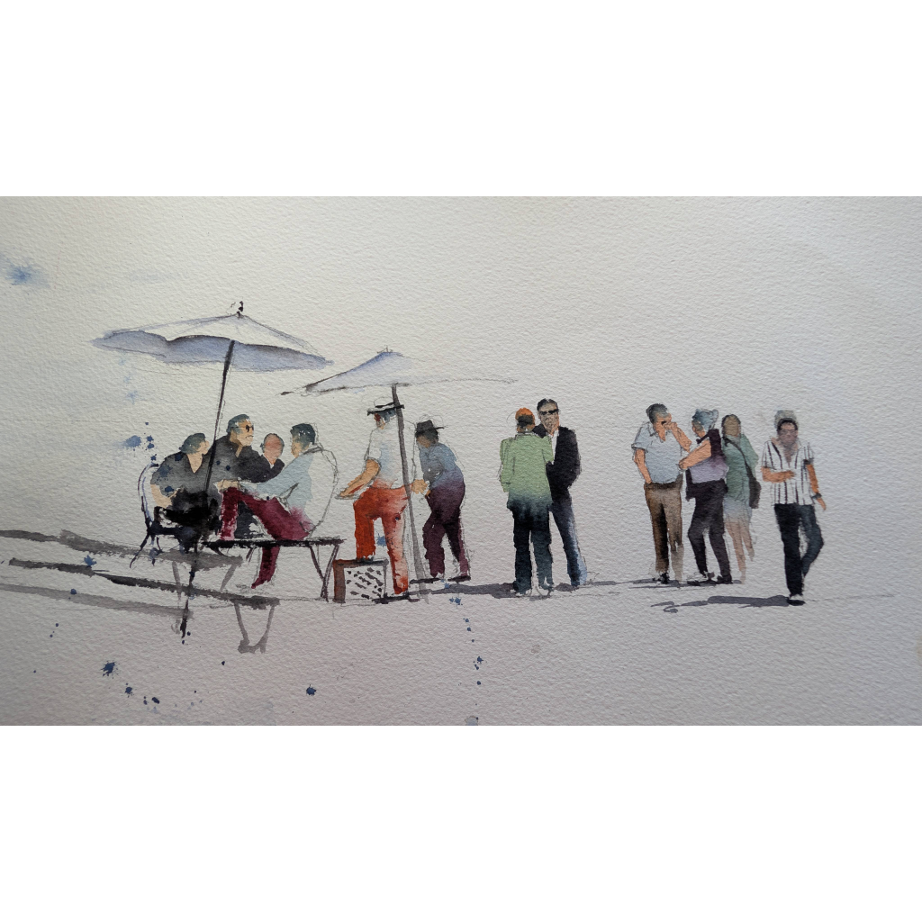 Watercolor study of human figures gathered in a shared space.