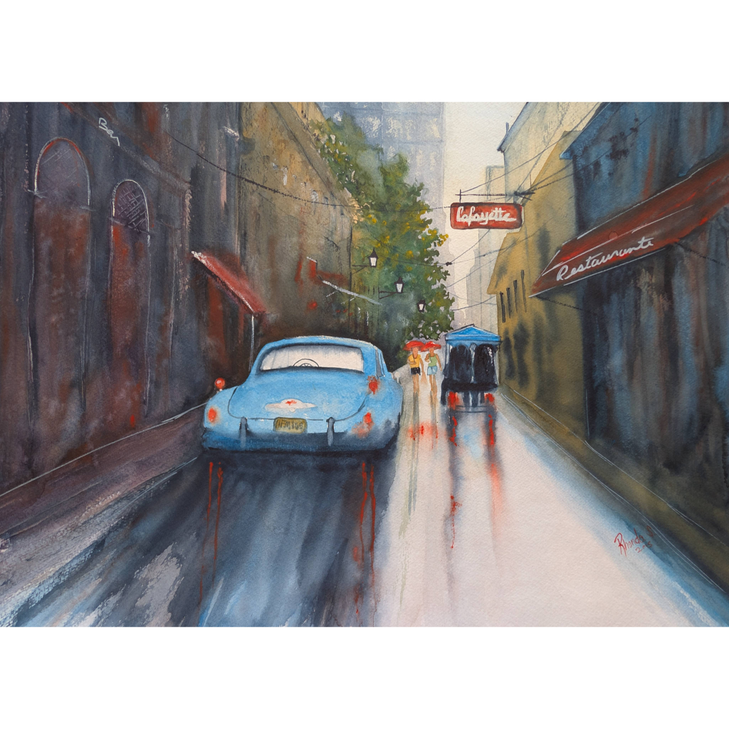 Watercolor of a rainy Havana street scene with Lafayette sign, vintage car, and reflective pavement.
