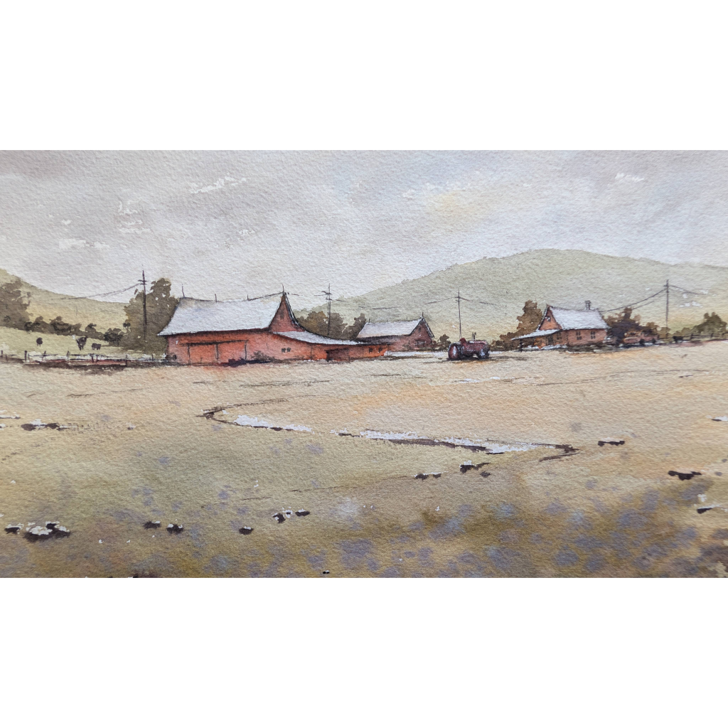 Watercolor of a farm with an old tractor, grazing cows, and a winding road.