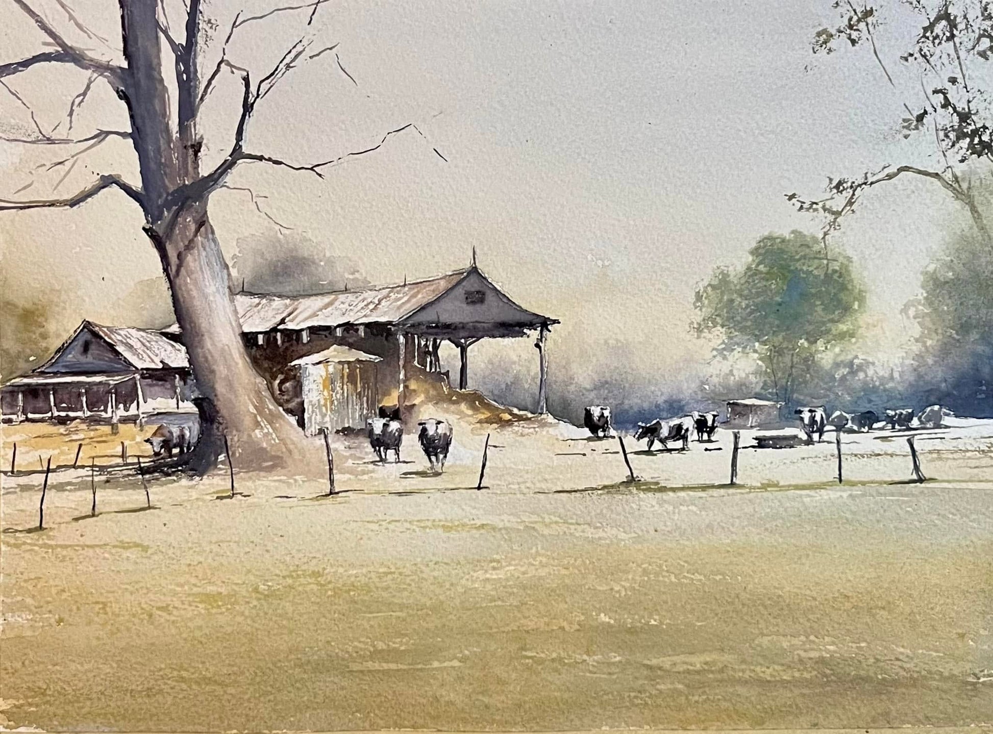 Painting of a rural scene with a barn, trees, and animals in a field in Yarra Valley - Joseph Zbukvic Study