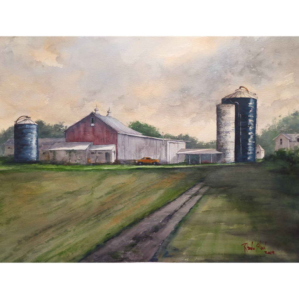 Watercolor of a farm on New Carlisle Pike after a storm; barn and silos under clearing clouds.