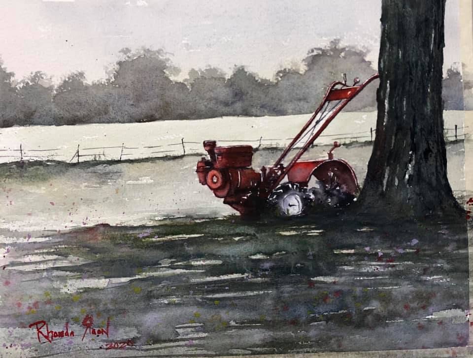 Watercolor painting of Custom Landscape - Baumgardner Homestead, New Carlisle, Ohio. Painting of a red tractor leaning against a tree in a field with a fence and trees in the background.