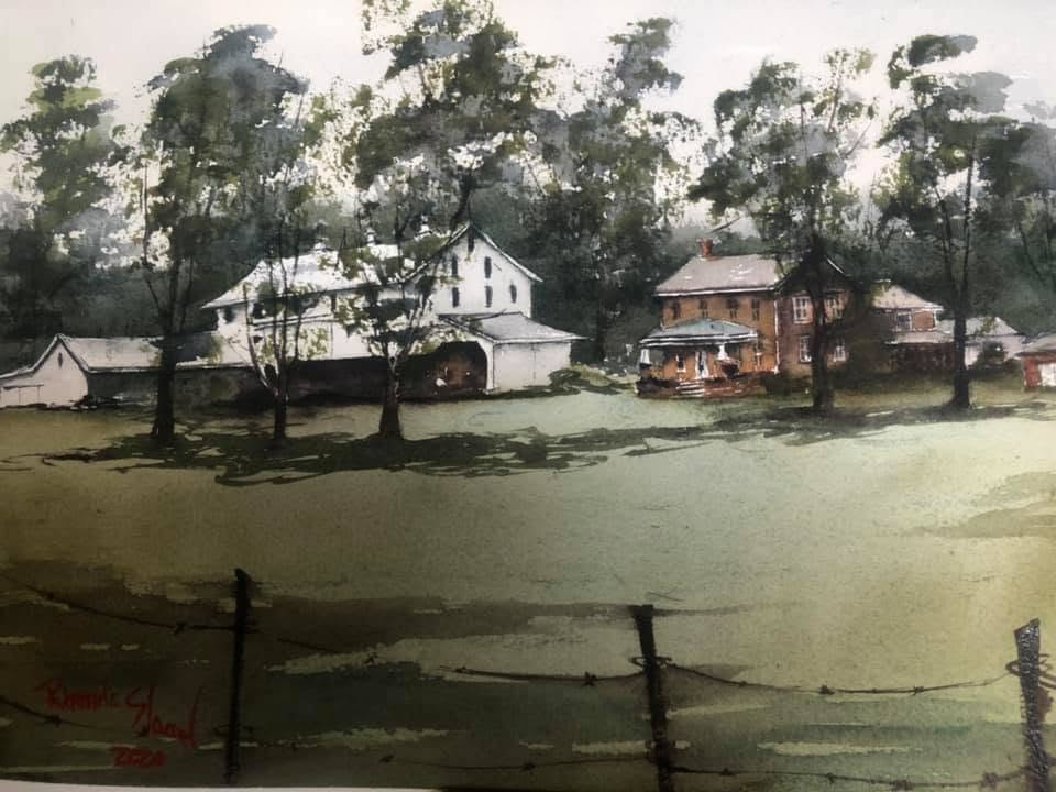 Watercolor painting of Custom Landscape - Baumgardner Homestead, New Carlisle, Ohio. Painting of a rural scene with houses, trees, and a fence.