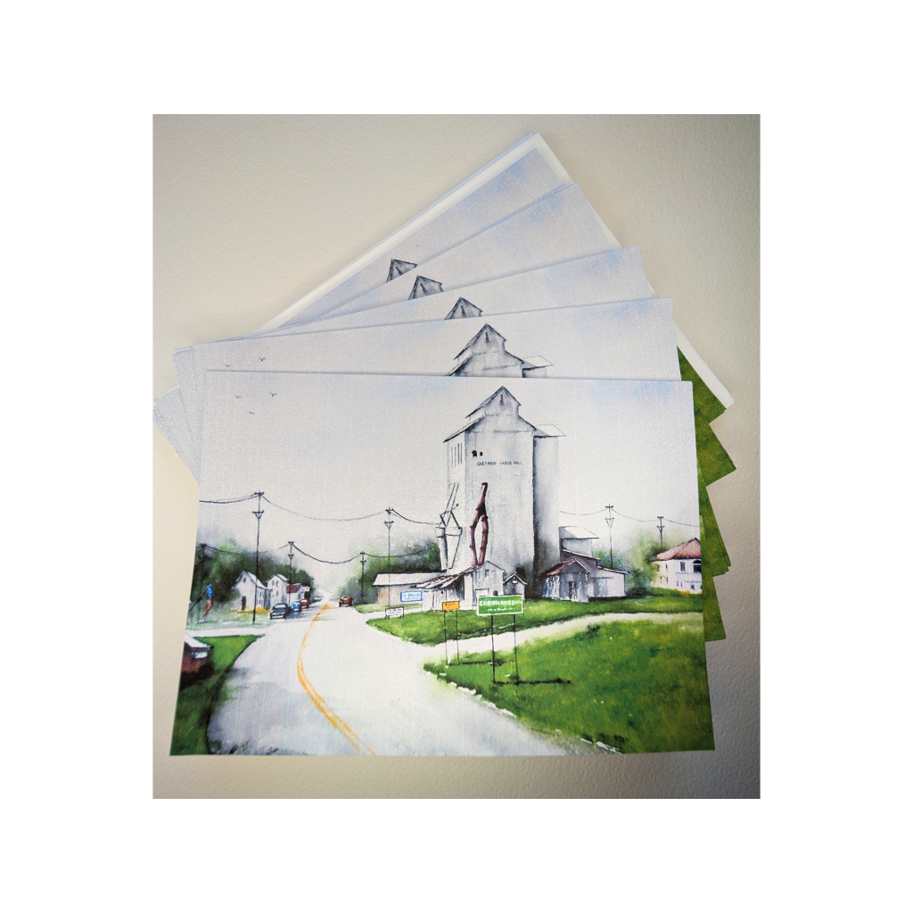 Greeting card with watercolor of the Shepard Grain Mill and Feed Store in Christiansburg, Ohio.