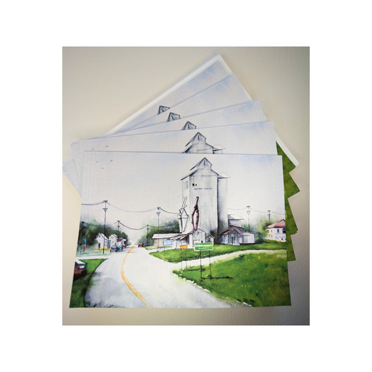 Greeting card with watercolor of the Shepard Grain Mill and Feed Store in Christiansburg, Ohio.
