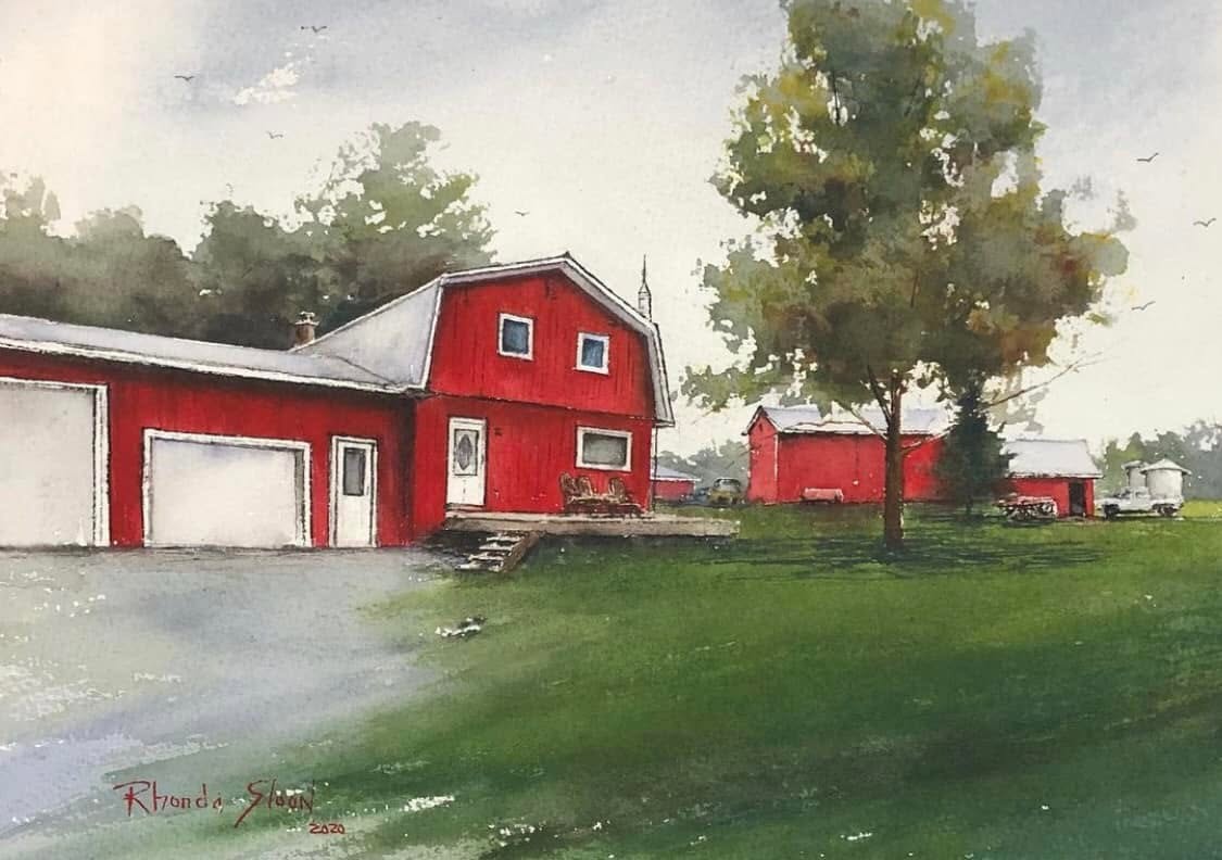 Custom watercolor painting of a Red house and barn with white doors in a rural setting.
