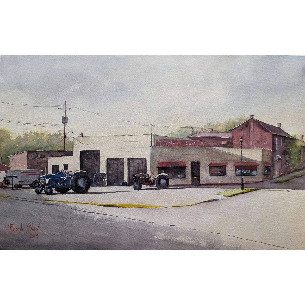 Watercolor of Deam Auto Service with a red tractor recalling my grandfather’s Ford.