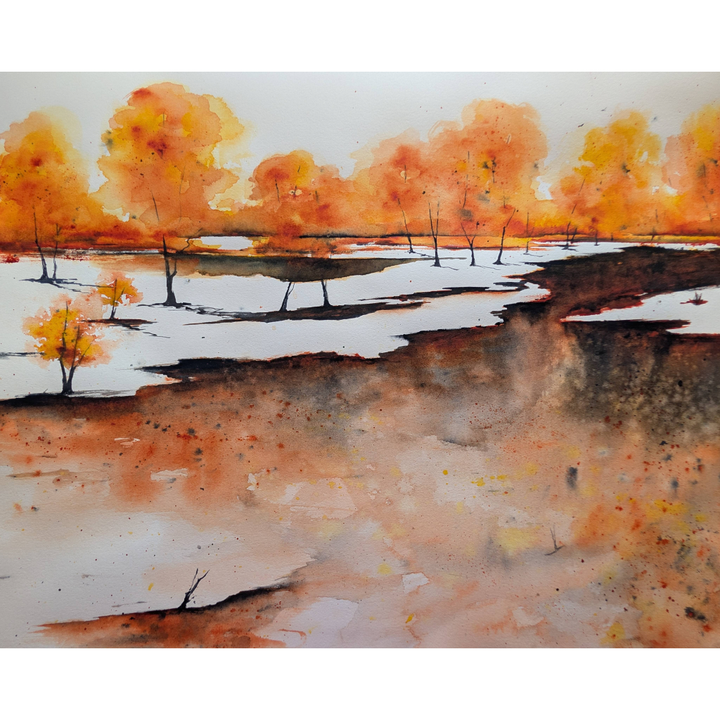 Abstract watercolor painting of orange trees alongside a cliff.