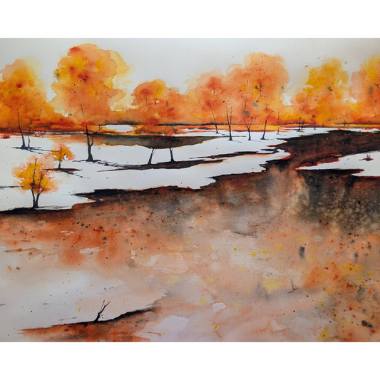 Abstract watercolor painting of orange trees alongside a cliff.
