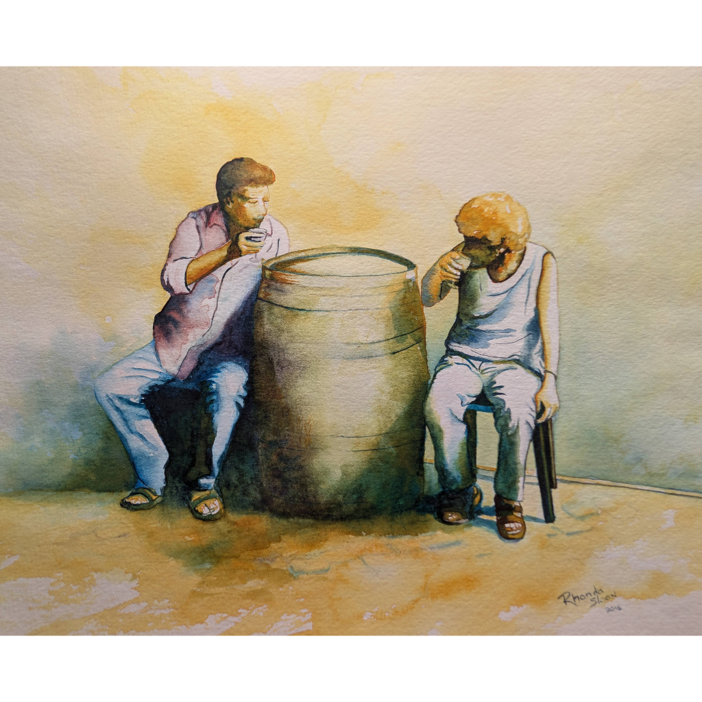 11x17" Two Italian friends enjoying the evening over a glass of wine chatting about daily events.