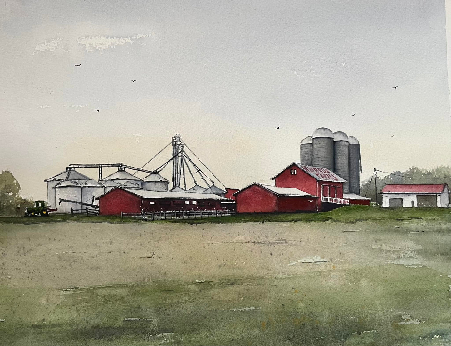 Watercolor of Harbage Farm outside South Charleston, Ohio, showing red barns and silos; 5×7 print matted to 8×10.