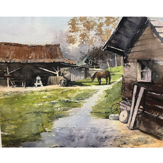 watercolor painting of a rustic farm in Tennessee with a horse and barns and old wagon wheels.