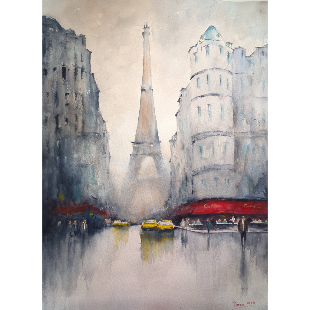 Painting of a cityscape with the Eiffel Tower, taxis, and people walking in front of he Le Recrutement Cafe in Paris.