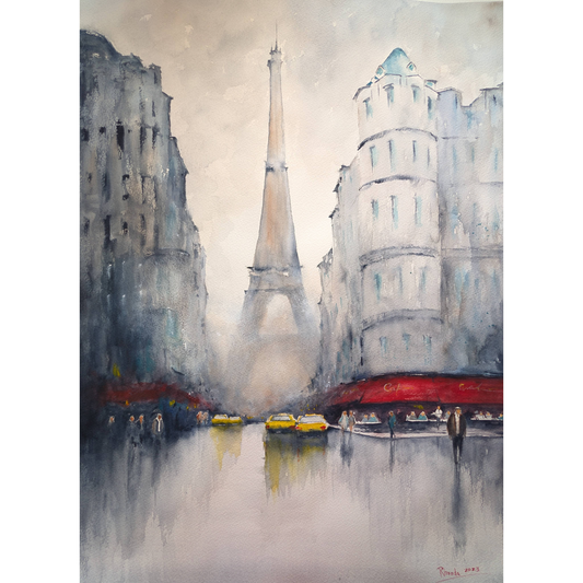 Painting of a cityscape with the Eiffel Tower, taxis, and people walking in front of he Le Recrutement Cafe in Paris.