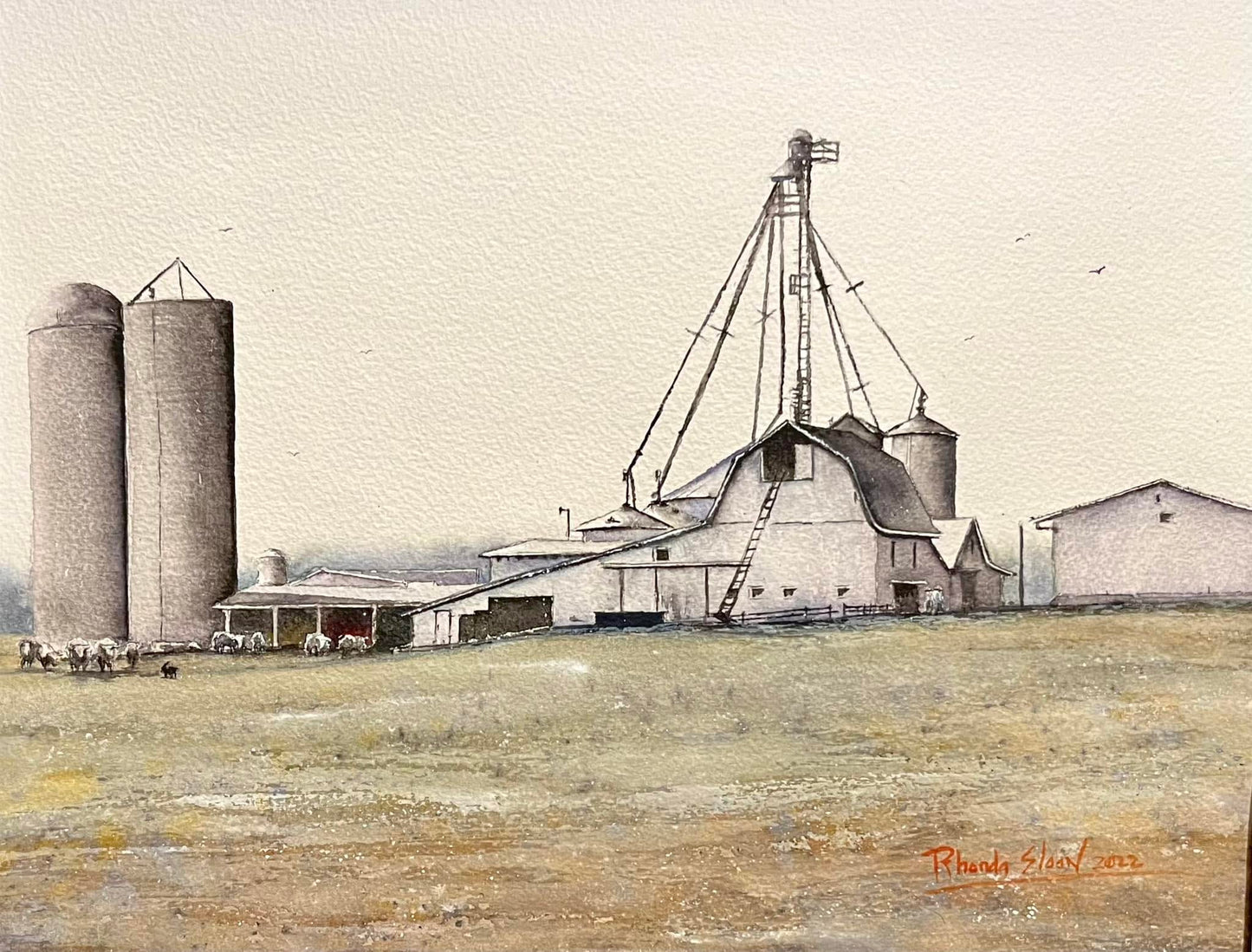 This watercolor shows an old cattle farm outside South Charleston, Ohio