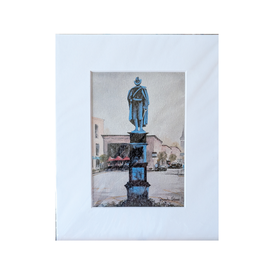 Greeting card with watercolor of the Man on the Monument in Urbana, Ohio, and Peoples Savings Bank in the background.