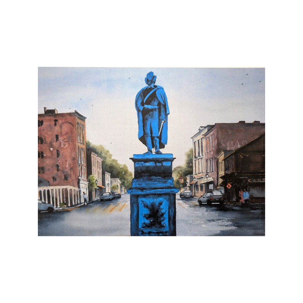 Watercolor of the Man on the Monument in Urbana, Ohio, with Carmazzi’s Candy & General Store in the background.
