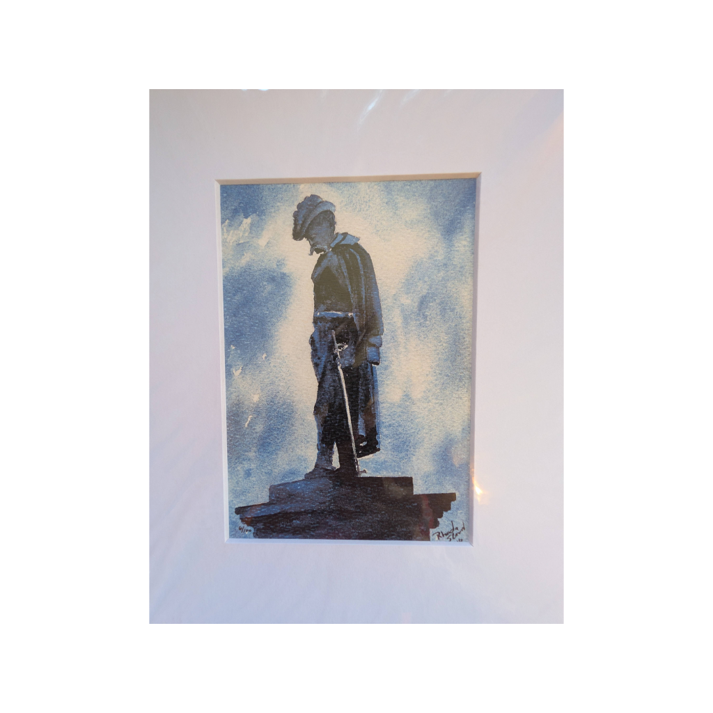 Watercolor close‑up of the Man on the Monument in Urbana, Ohio, honoring Civil War soldiers; limited edition 5×7 print signed Rhonda Sloan, matted to 8×10.