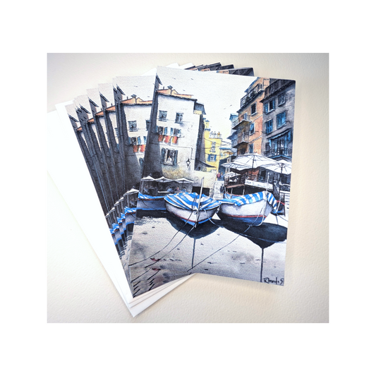 Greeting card with watercolor of boats and the street scene in Manarola, Cinque Terre.