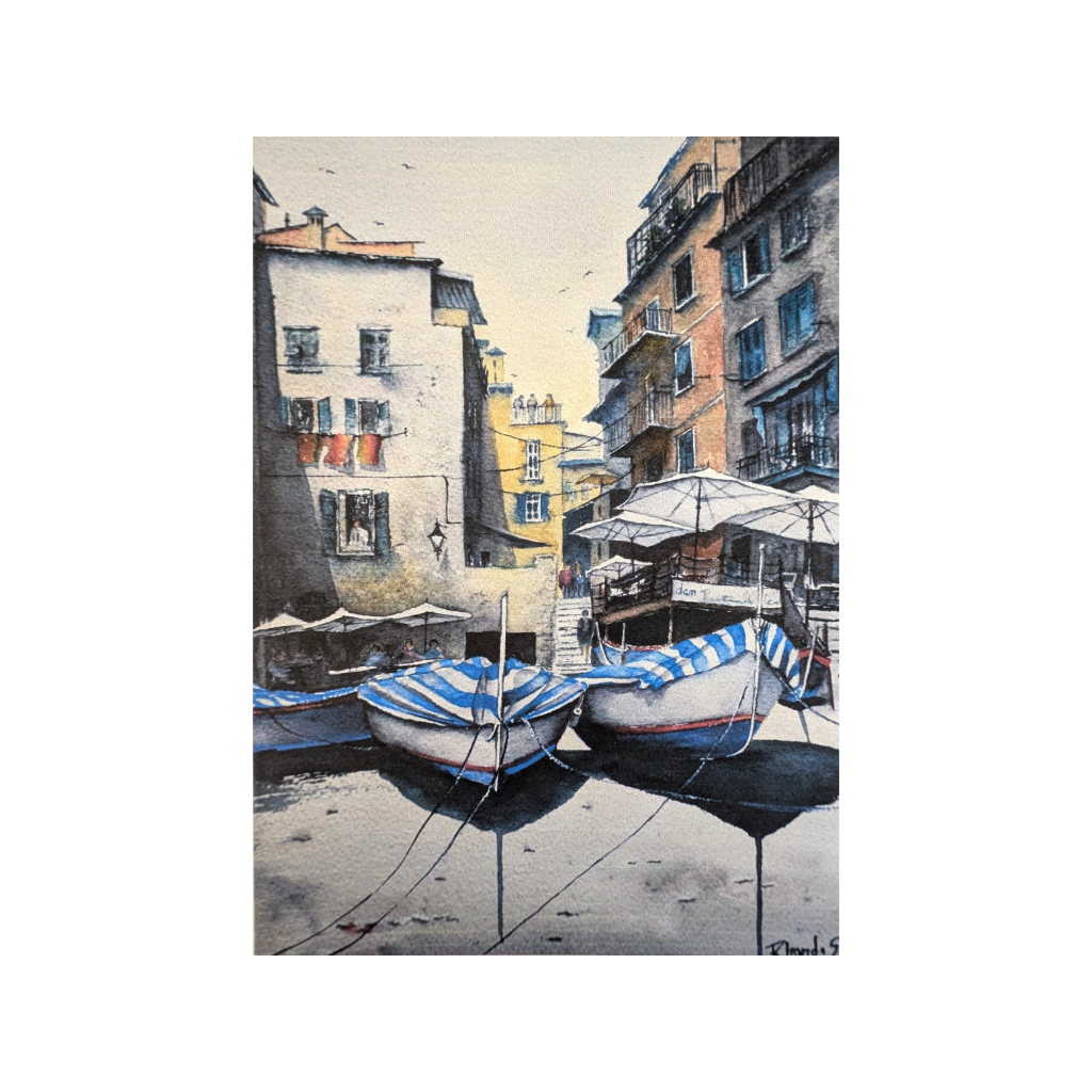 Greeting card with watercolor of boats and the street scene in Manarola, Cinque Terre.