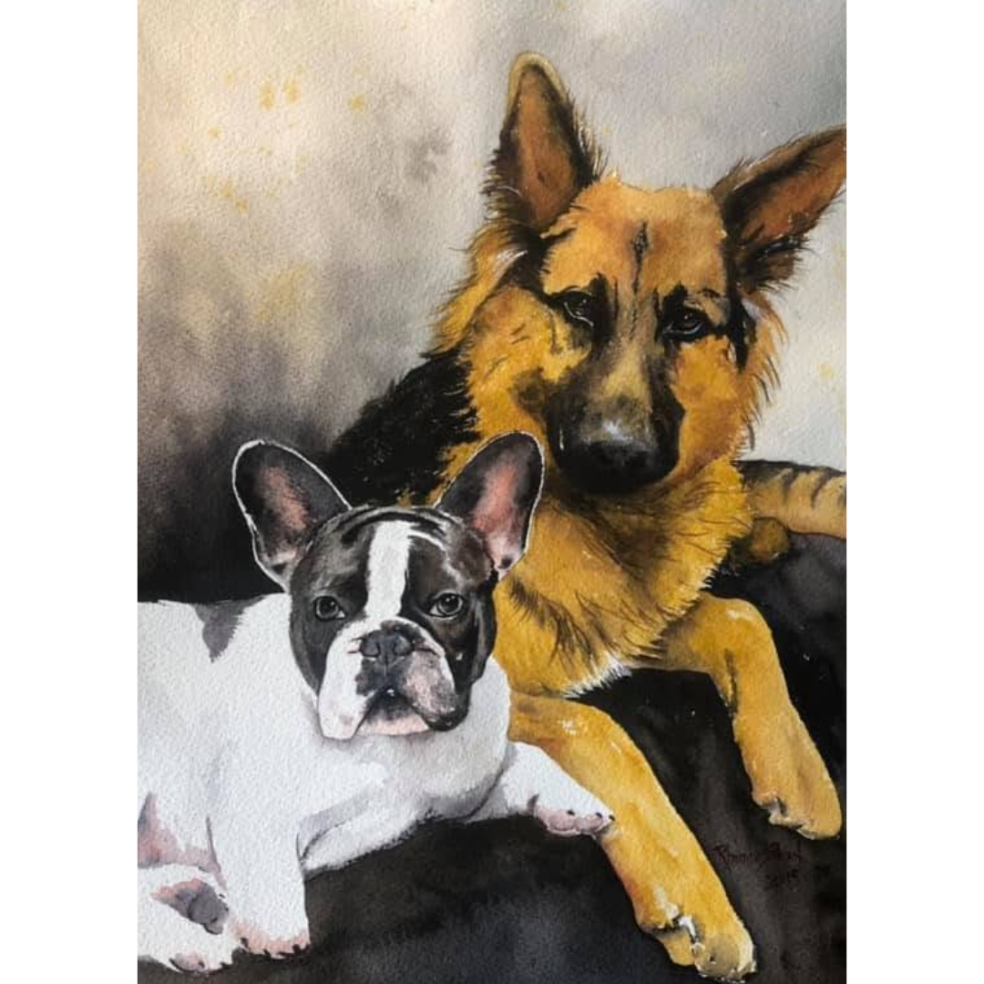 Custom watercolor painting of a German Shepherd and a French Bulldog lying together on a textured surface.