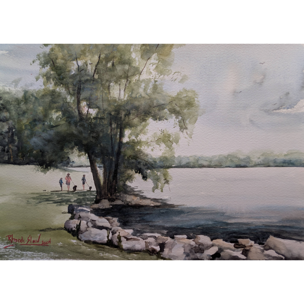 Watercolor of a family walking dogs along the banks of CJ Brown Reservoir.