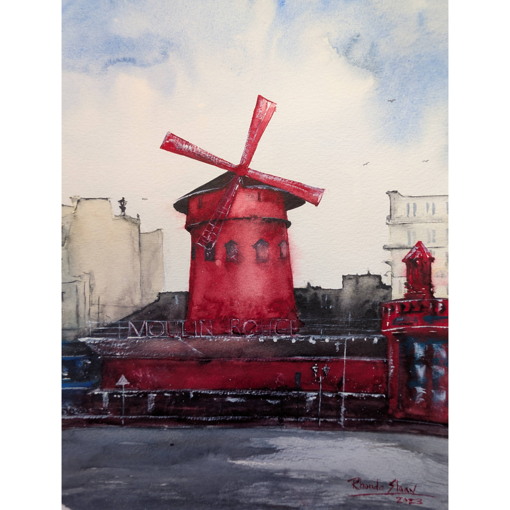 Watercolor Painting of a Visit to Paris' Moulin Rouge Cabaret