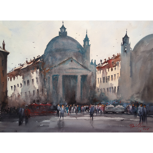 Watercolor of Piazza del Popolo in Rome; inspired by a 2018 trip; shipped rolled with instructions.