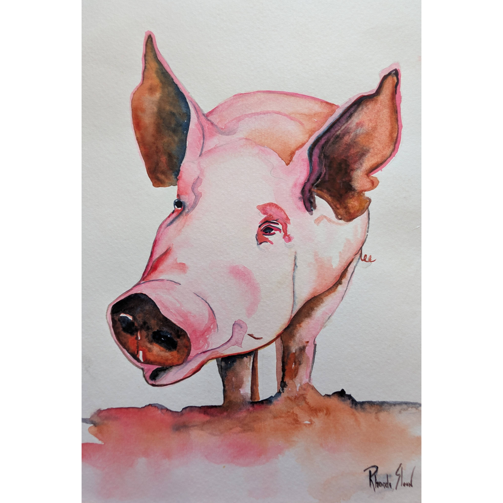 Bright pink pig watercolor painting