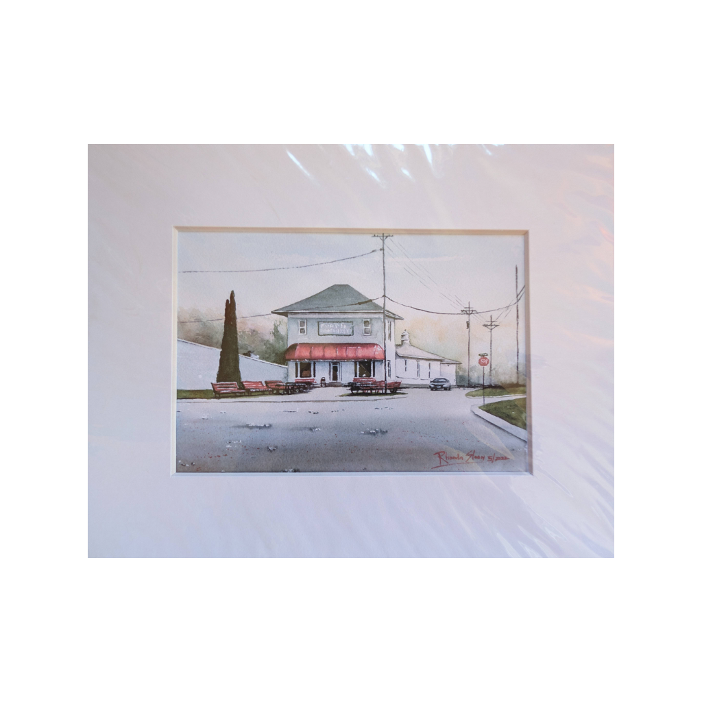 Watercolor print of the Purple Monkey Pizza Store in South Charleston, matted