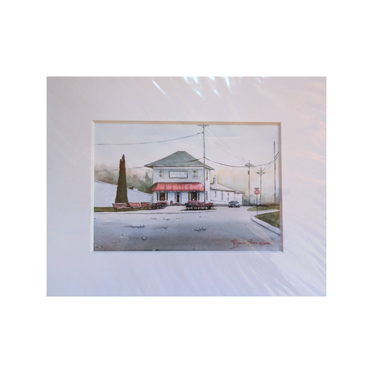 Watercolor print of the Purple Monkey Pizza Store in South Charleston, matted