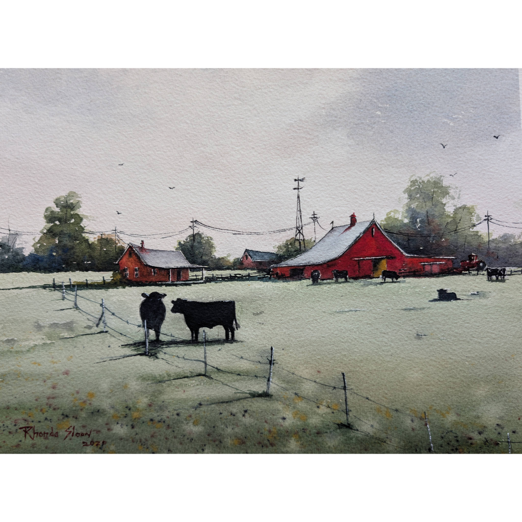 Watercolor of cows in the fields and a tractor at my grandfather’s farm during Sunday supper.