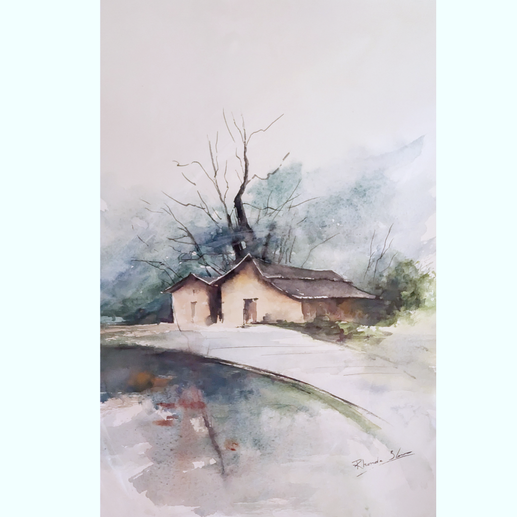 Watercolor Painting of an Old house along a road in Blues and Light Tans