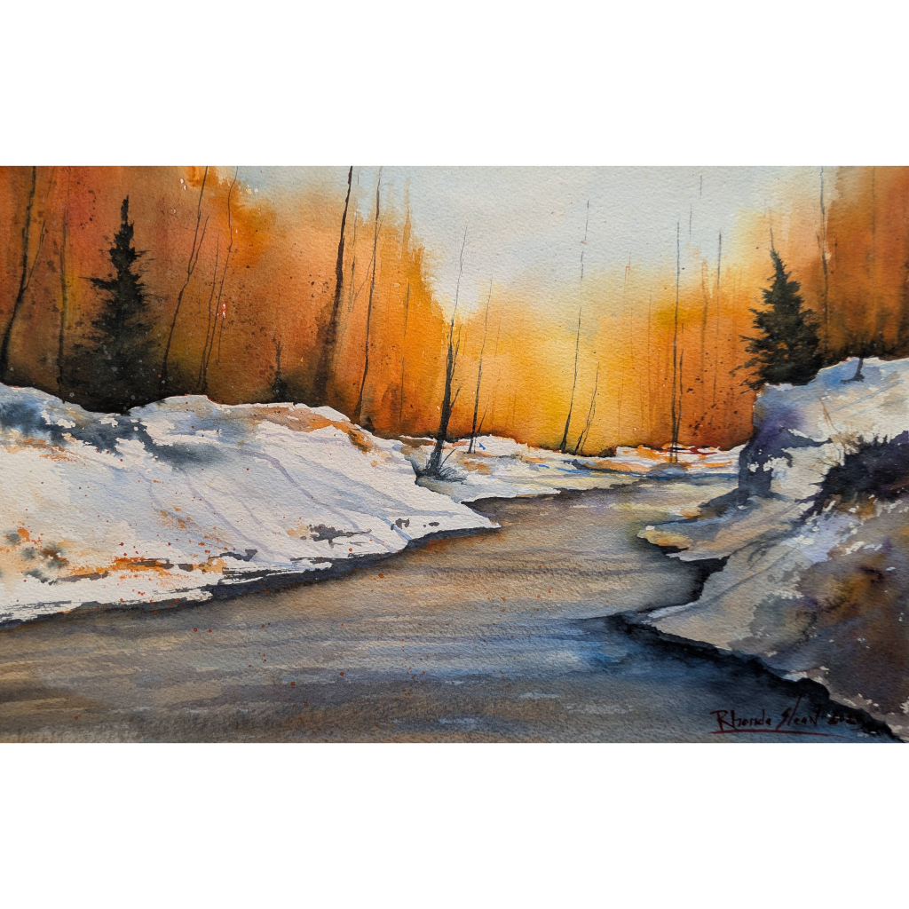 11x17" original watercolor painting of a snowy sunset in oranges and light blues.