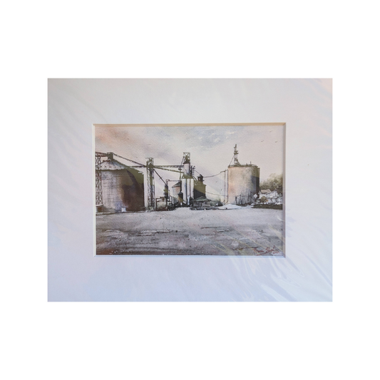 Watercolor of the South Charleston grain facility in Ohio; 5×7 print matted to 8×10.