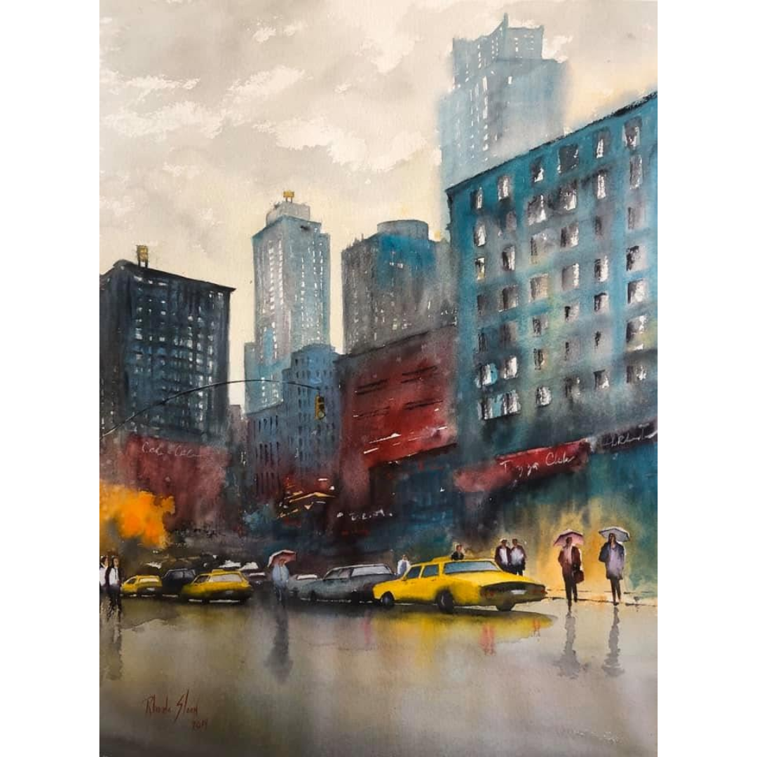Original Watercolor Painting of a New York city street scene with vibrant tall buildings, taxis and people with umbrellas on a rainy day.