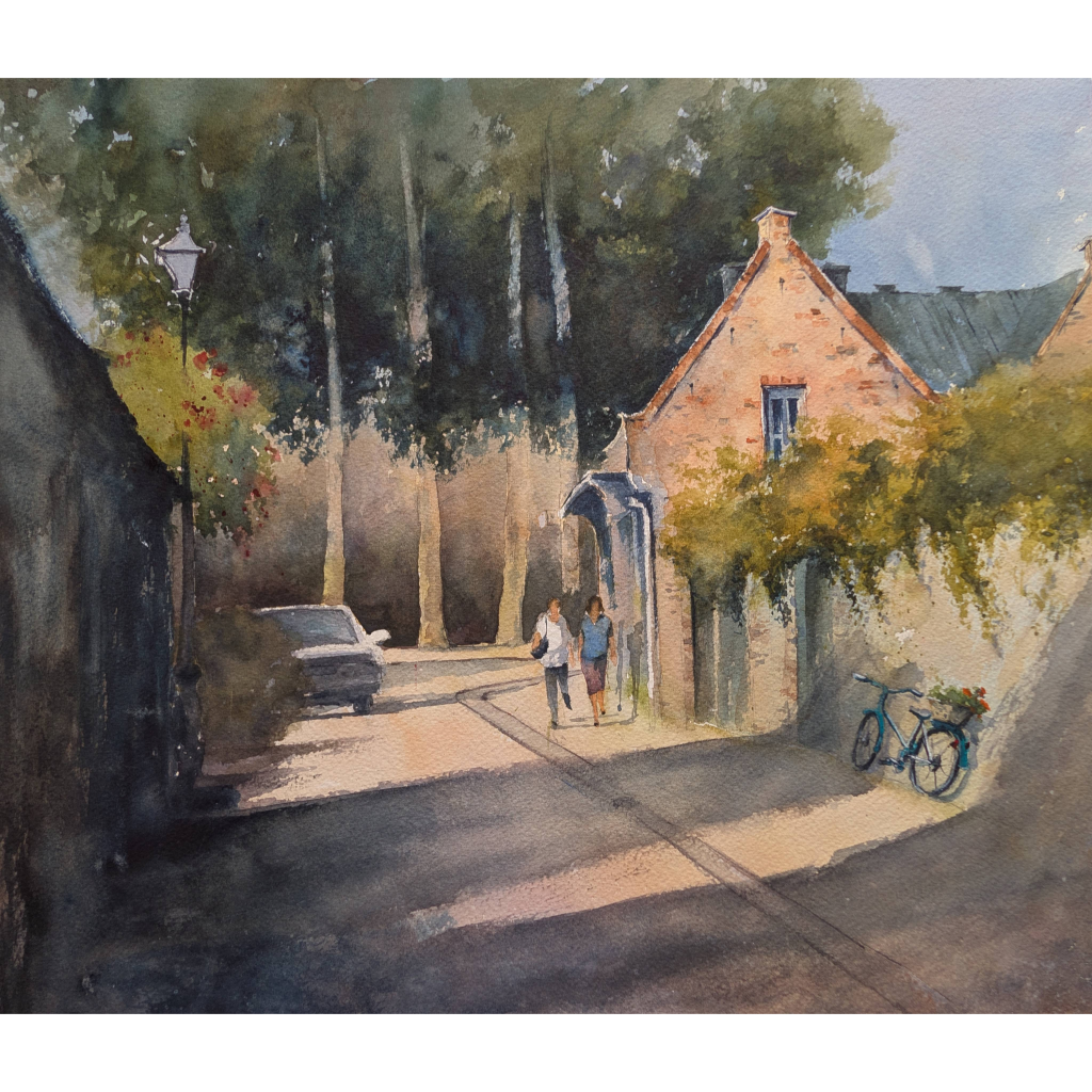 Watercolor of two people strolling down a Portugal sidewalk with long shadows and bright evening light.