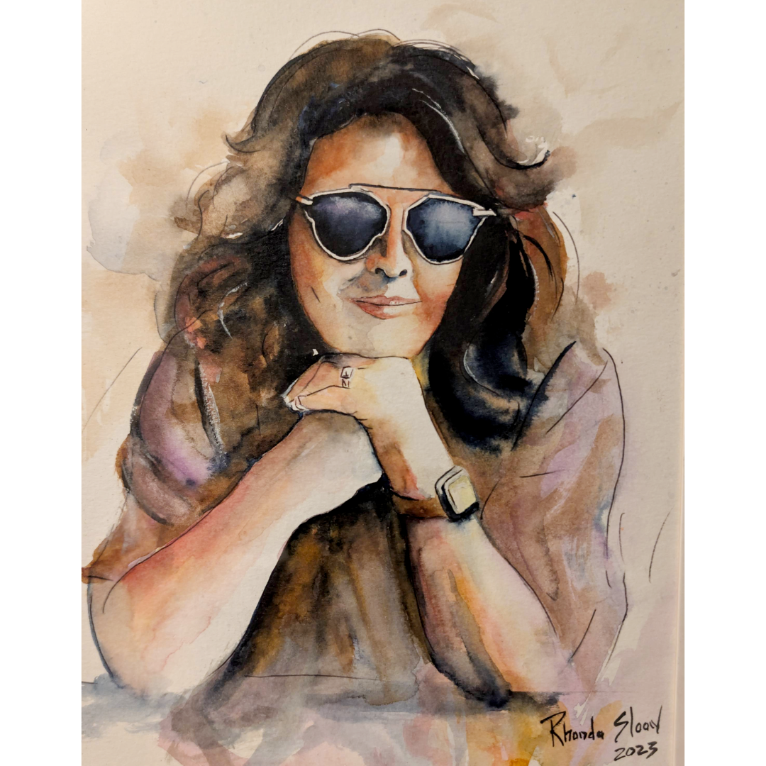 Artistic watercolor portrait of a person wearing sunglasses with a signature at the bottom right corner.