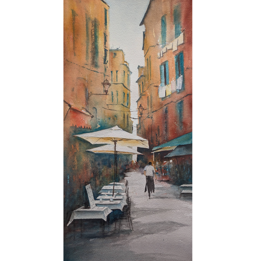 Watercolor of an Italian street with a waiter walking away from morning‑rush tables.