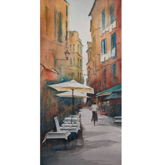 Watercolor of an Italian street with a waiter walking away from morning‑rush tables.