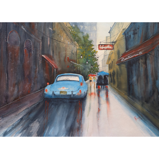 Watercolor of a rainy Havana street scene with Lafayette sign, vintage car, and reflective pavement.