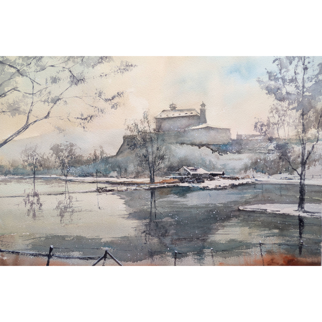 Painting of "Winter In Prague - Original Watercolor" castle by a lake with trees and a fence in the foreground