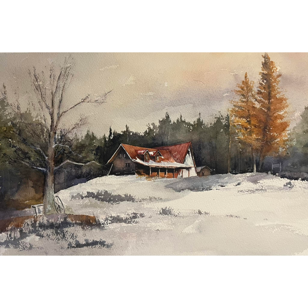 Winter landscape with a house and trees in the snow